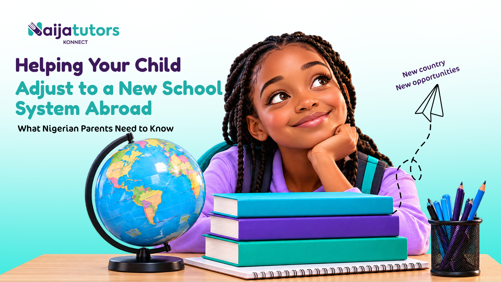 Nigerian student with books and a globe representing adjustment to a new school system abroad.