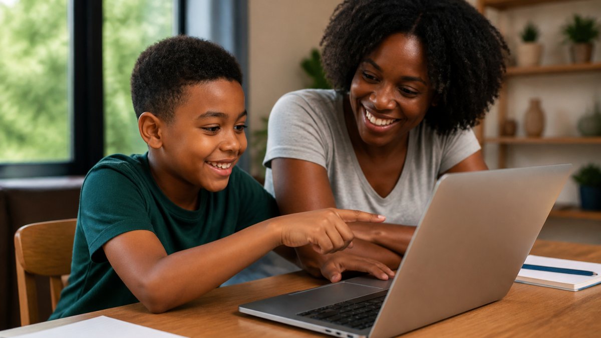 A young child smiling while learning with online coding lessons on a laptop as a parent watches nearby.