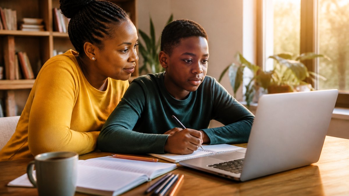 A parent and child sitting together at a home desk reviewing a laptop screen during an online tutoring session, warm natural light, notebooks and pencils on the table