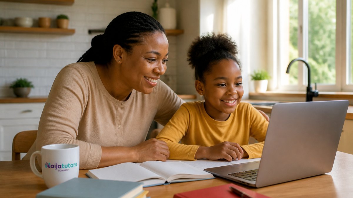 A parent and primary school child sitting at a kitchen table with a laptop, both smiling as they review an online tutoring session together, warm afternoon light through a window