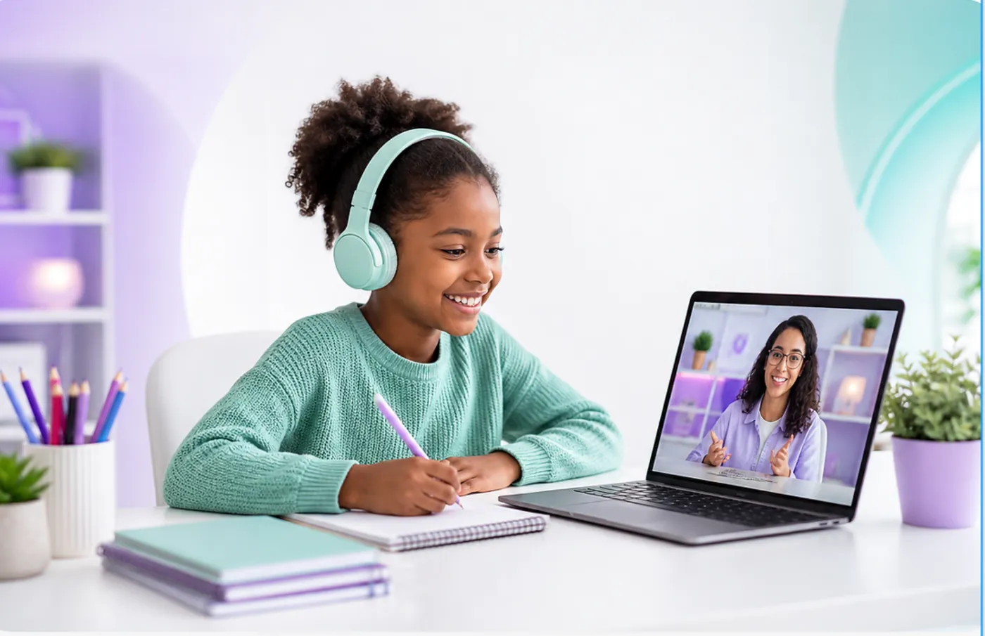 Girl smiling during a live online tutoring lesson with her Nigerian tutor