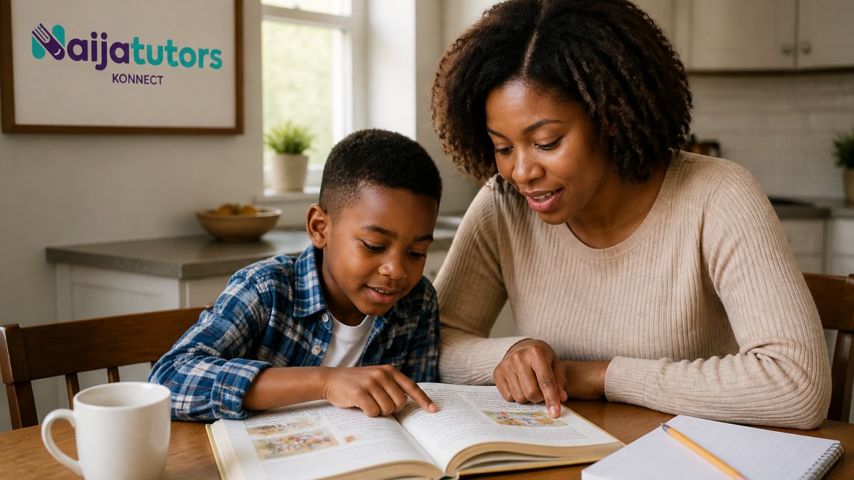 A parent and child sitting together at a kitchen table, reading a book aloud and pointing at the pages, with a notebook and pencil nearby, warm natural light