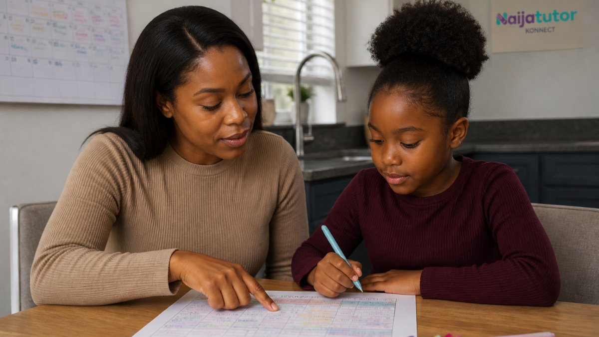 A parent and child sitting at a kitchen table with a printed weekly timetable, coloured pens, and a wall calendar, planning study sessions together in a bright home setting
