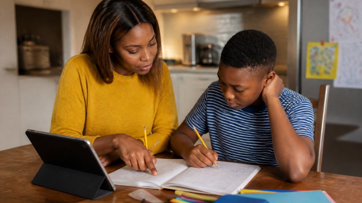 A parent and child sitting at a kitchen table working through a maths workbook together, pencils and a tablet showing a fractions exercise, warm evening light